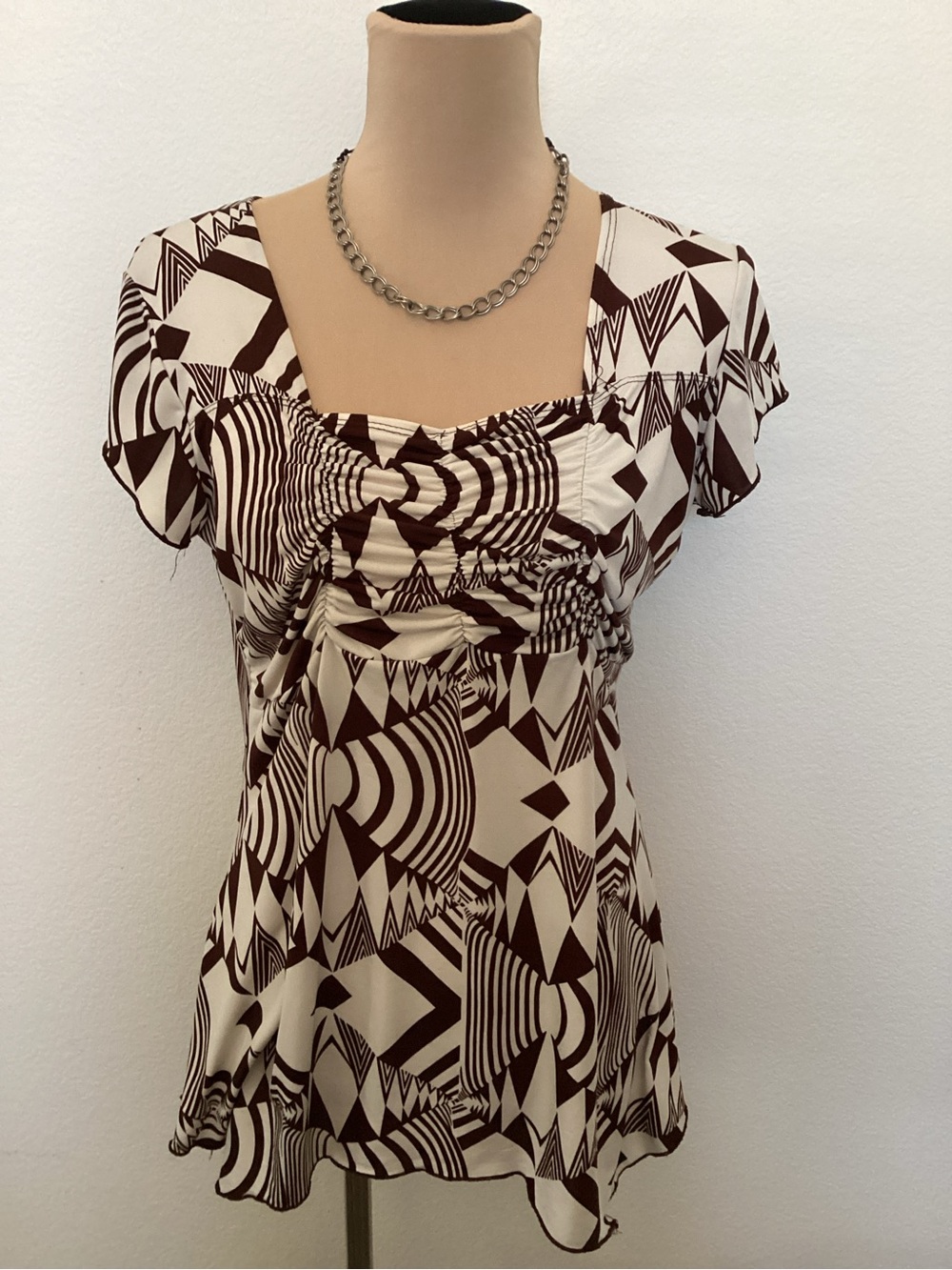 American City Wear Brown & Cream Geometric Square-Neck Blouse